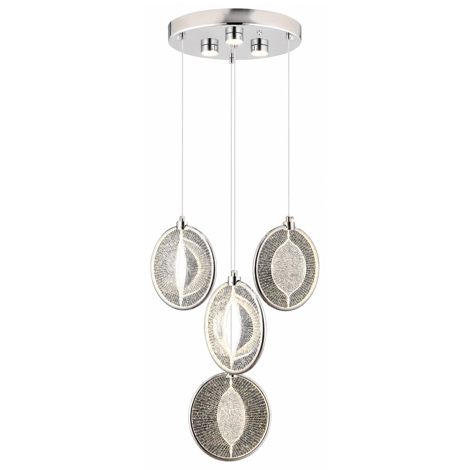 Iriselle Lámpara colgante escalonada cromada 3+1 con discos de textura cristalina — Luces encendidas, Fondo blanco