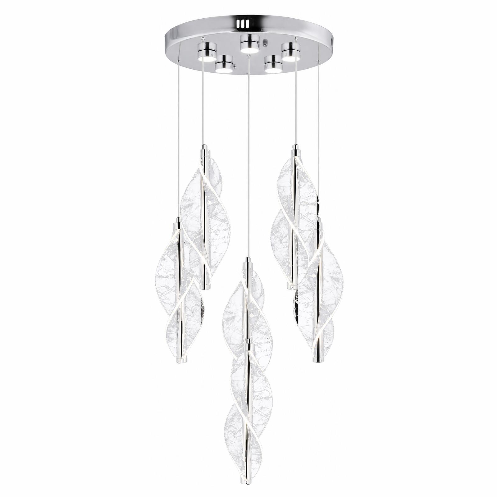 Avenne Lustre suspendu rond chromé à 5 lumières, motif feuille — Éclairage allumé, Fond blanc