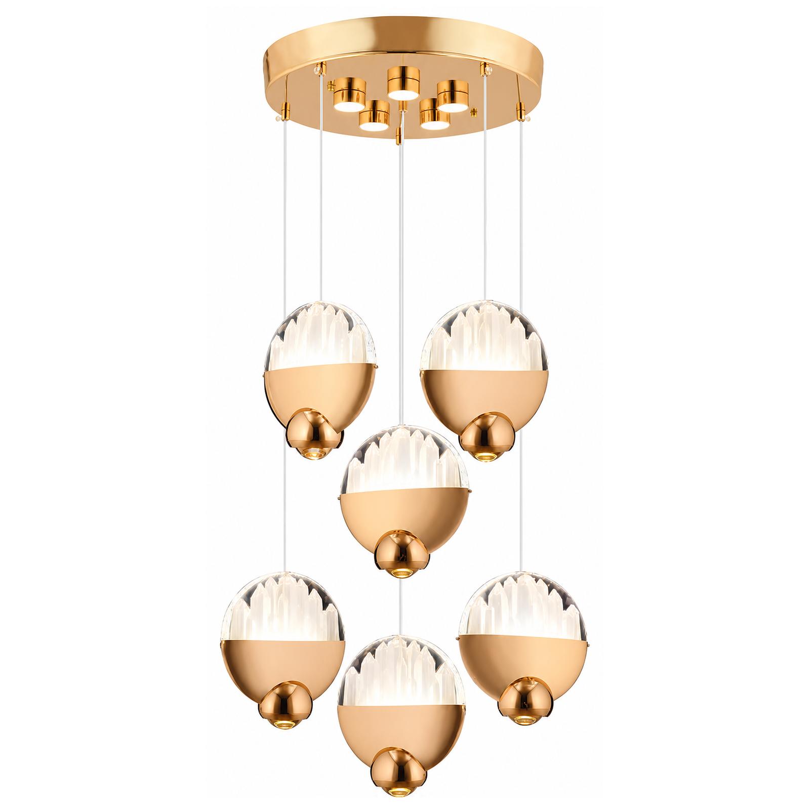 Ovolia Lámpara colgante dorada de racimo ovalado de 6 luces — Luces encendidas, Fondo blanco
