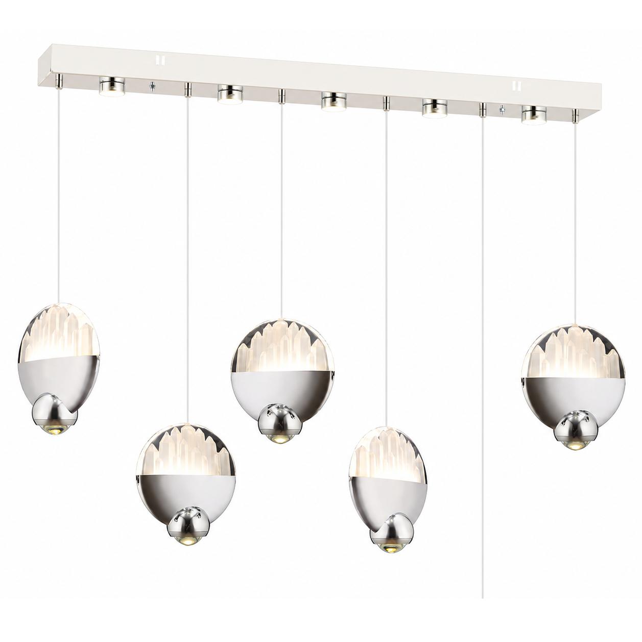 Ovolia Lámpara colgante lineal cromada de 5 luces para mesa de comedor — Luces encendidas, Fondo blanco