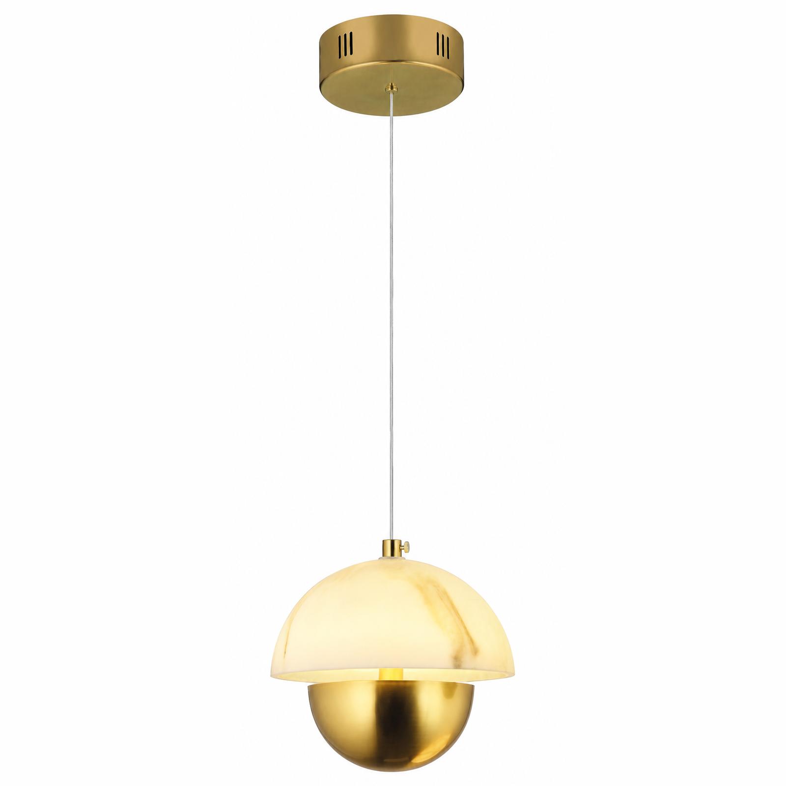 Sorelia Einflammige Marmor-Kugel-Pendelleuchte in Antikmessing — Licht an, Weißer Hintergrund