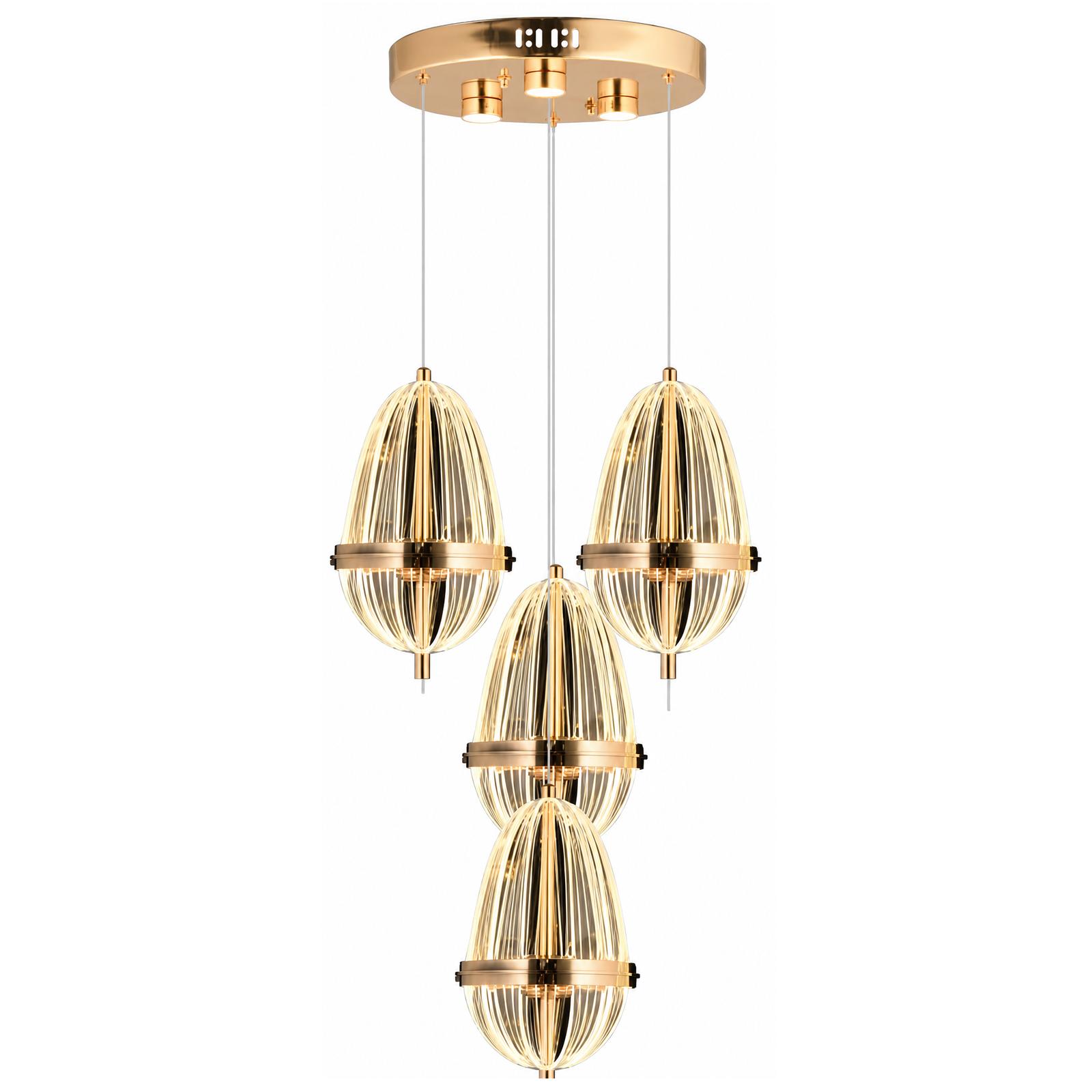 Amphoria Ribbed Ellipsoid Gold 4-Light Cluster Pendant Chandelier — Lights on, White background