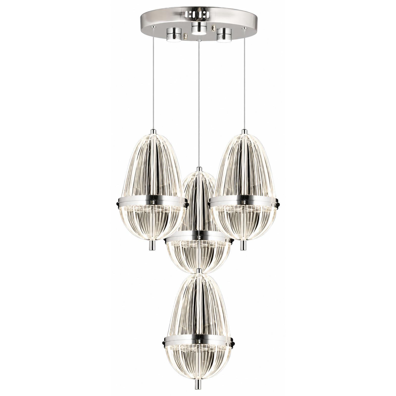 Amphoria Ellipsoïdes rainurés, suspension groupée chromée à 4 lumières — Éclairage allumé, Fond blanc