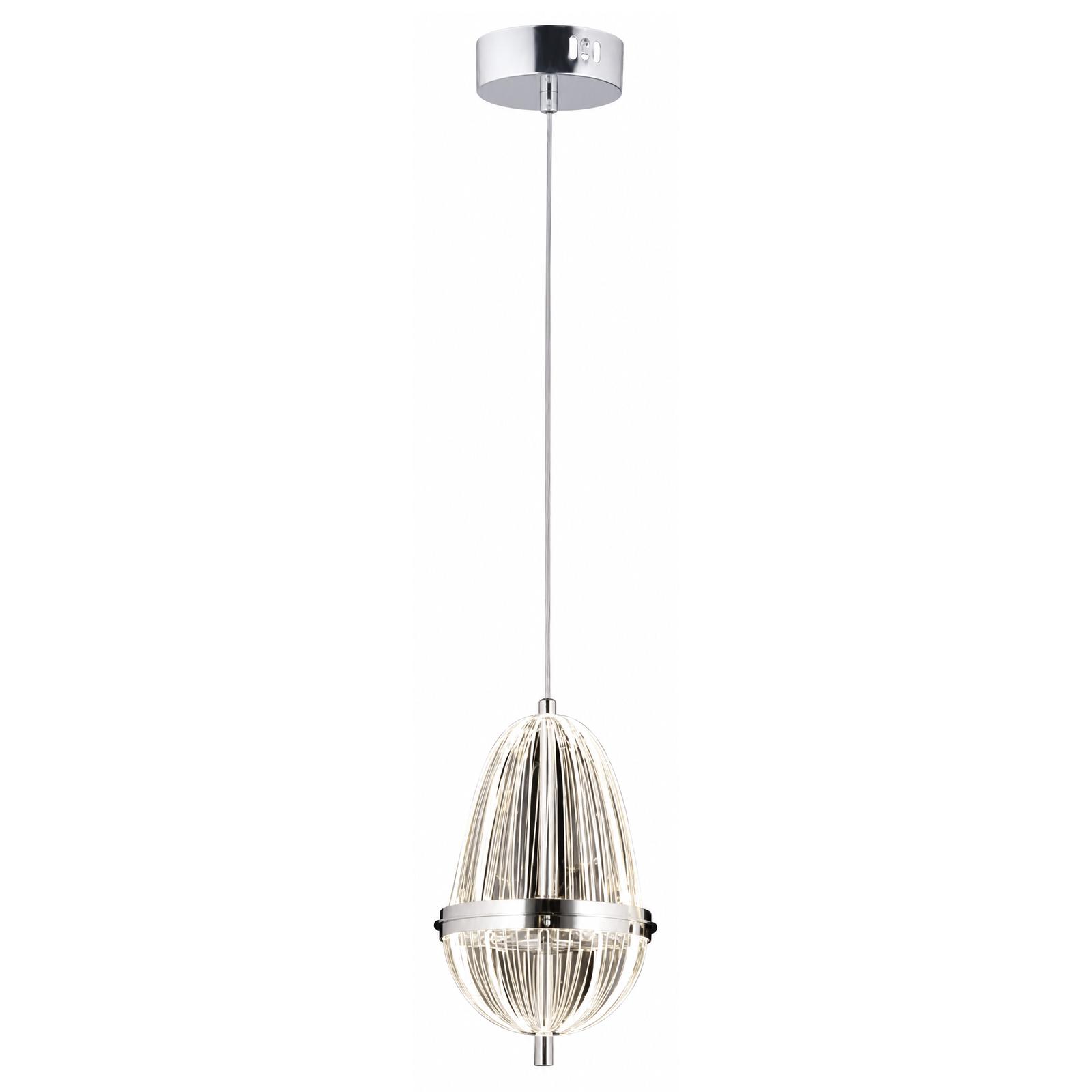 Amphoria Ribbed Ellipsoid 15 cm Chrome Single Pendant Chandelier — Lights on, White background