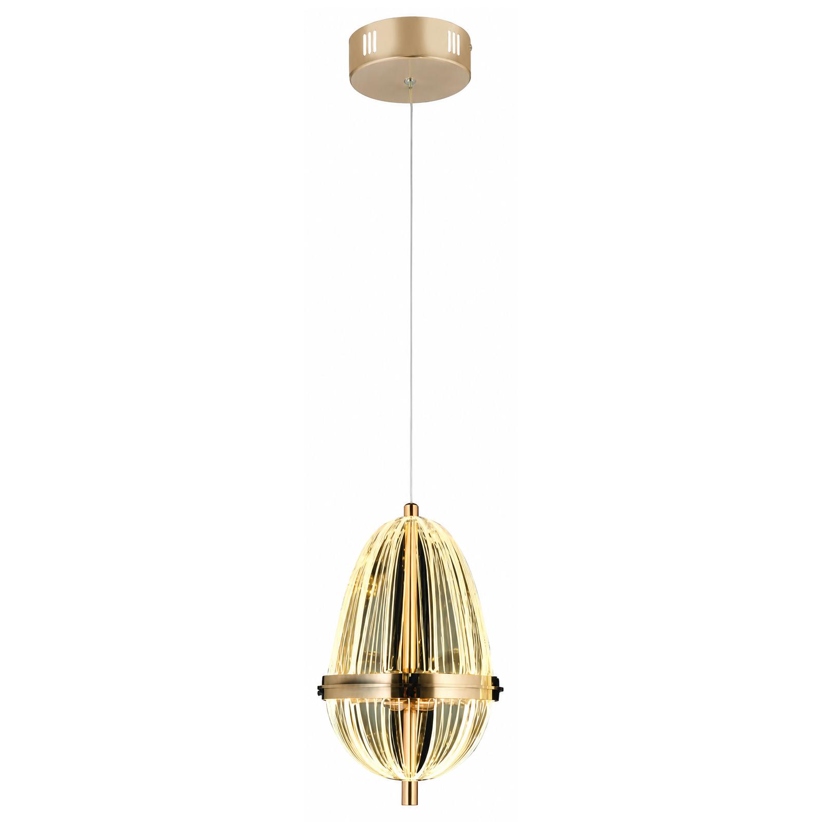 Amphoria Ribbed Ellipsoid 15 cm Gold Single Pendant Chandelier — Lights on, White background