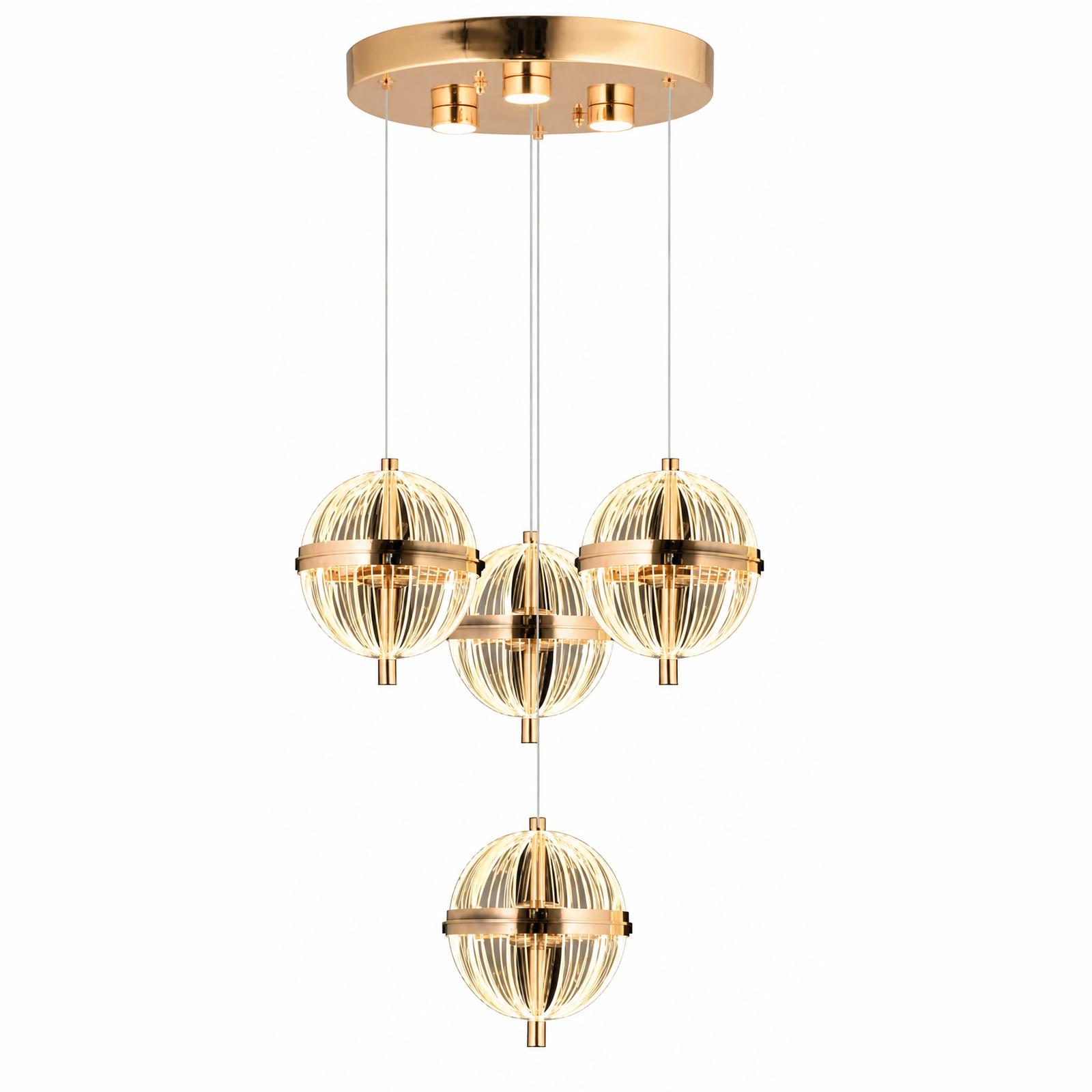 Amphoria Spherical Gold 4-Light Tiered Pendant Chandelier with Acrylic Cages — Lights on, White background