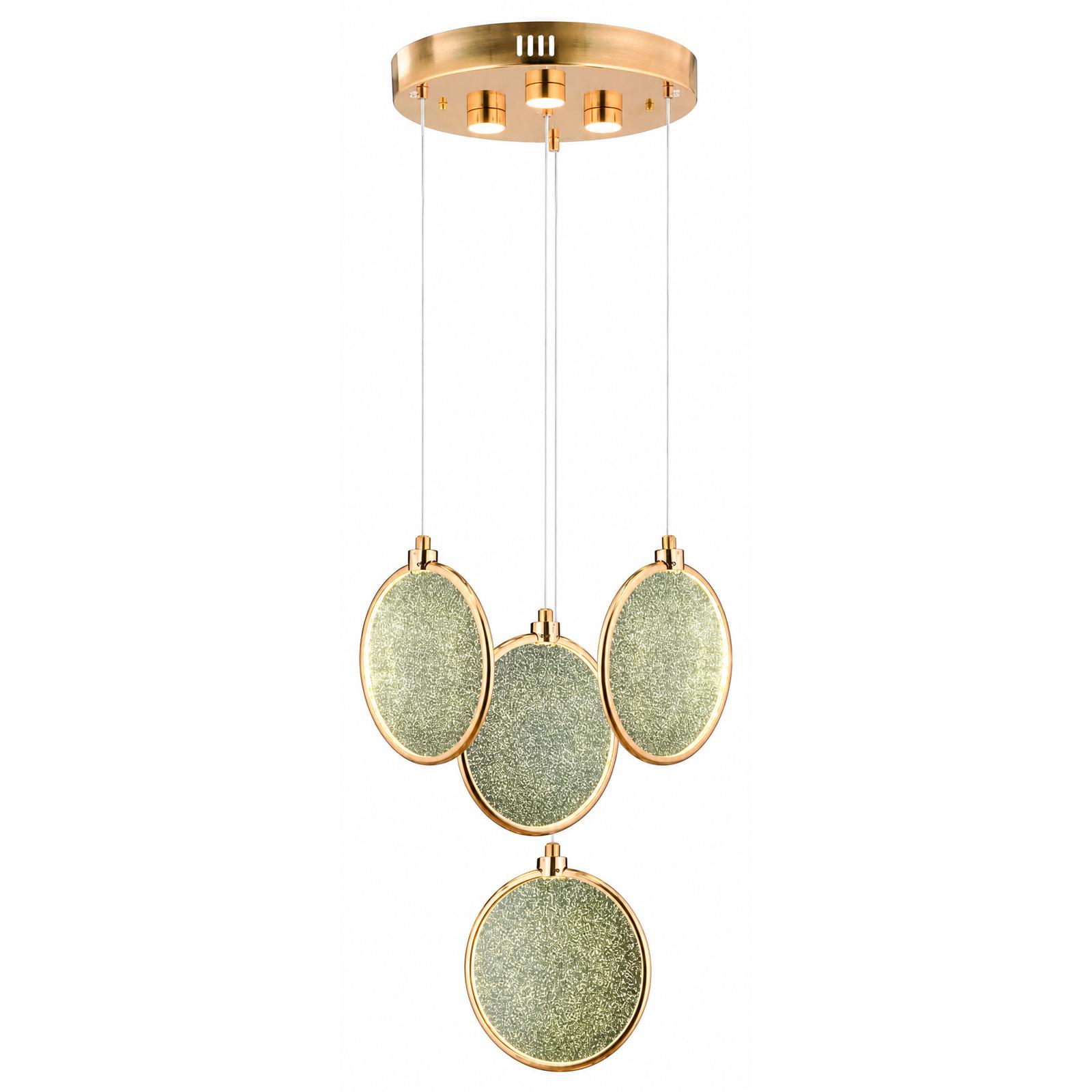 Prismelle Gold 4-Light Tiered Pendant Chandelier with Crystal-Textured Discs — Lights on, White background