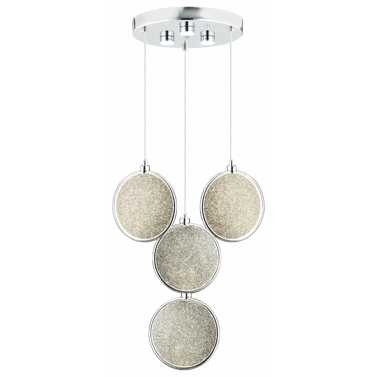 Prismelle Suspension étagée chromée à 4 lumières avec disques texturés cristal — Éclairage allumé, Fond blanc
