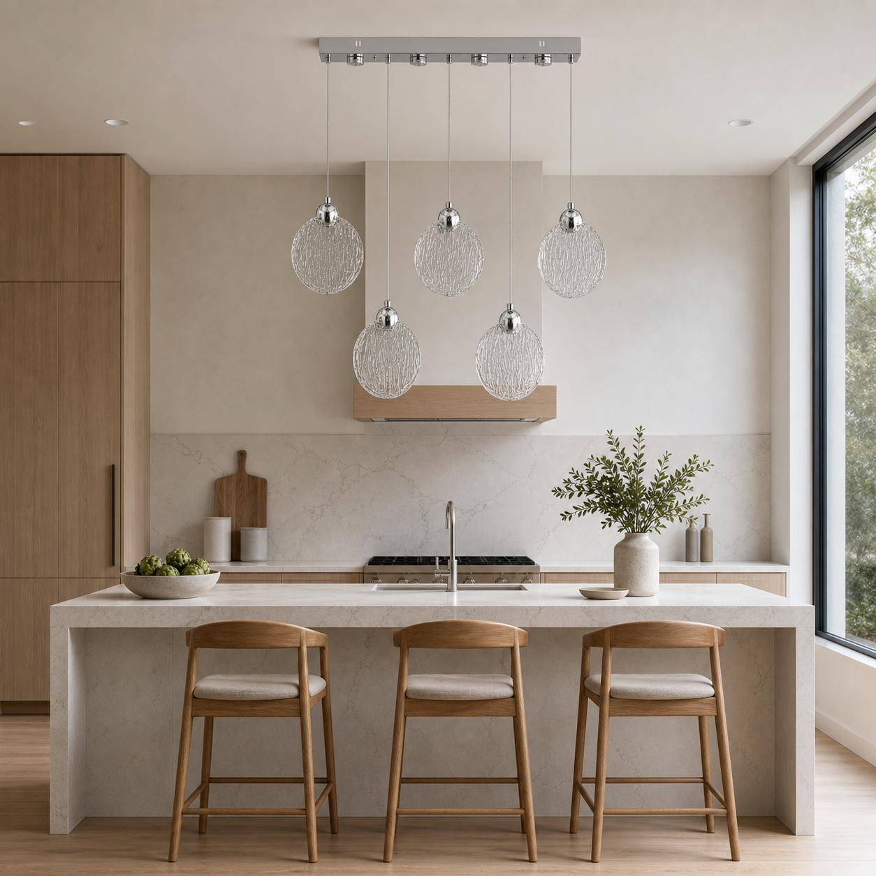 Strielle Lustre suspendu linéaire chromé à 5 disques en verre texturé pour table à manger — Éclairage éteint, Pièce