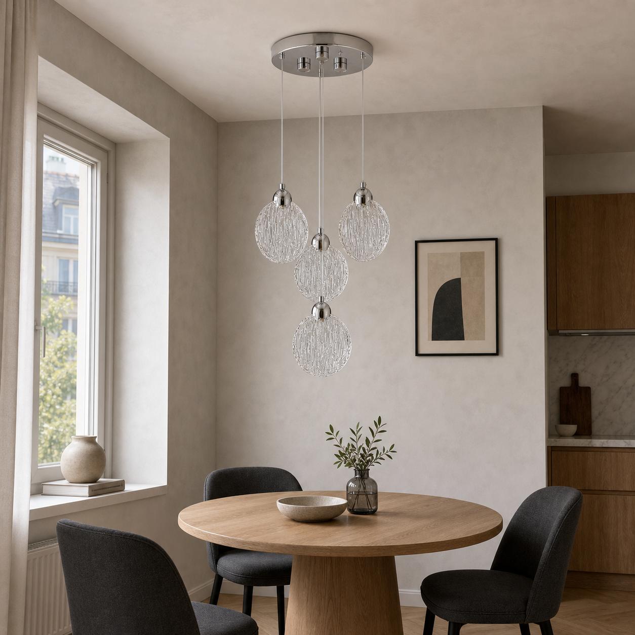 Strielle Chrome 4-Light Tiered Textured-Glass Disc Pendant Chandelier — Lights off, Room