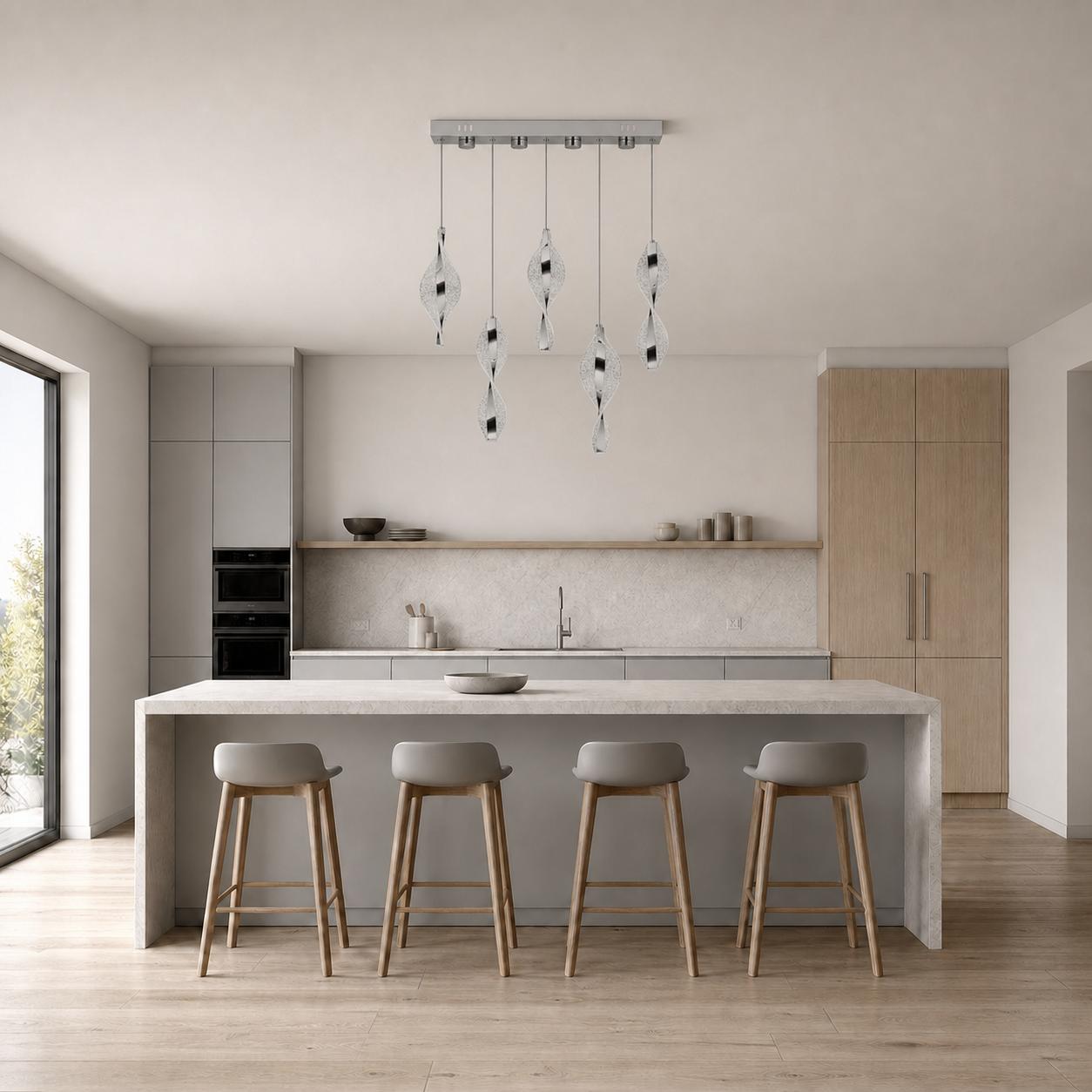 Helixa Suspension linéaire chromée à 5 lumières avec éléments torsadés texturés cristal — Éclairage éteint, Pièce
