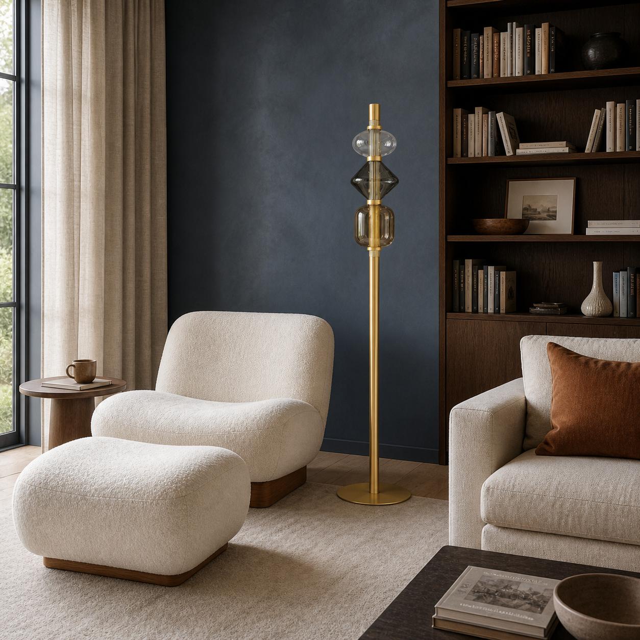 Kalevia Lampadaire LED doré avec 3 éléments en verre — Éclairage éteint, Pièce