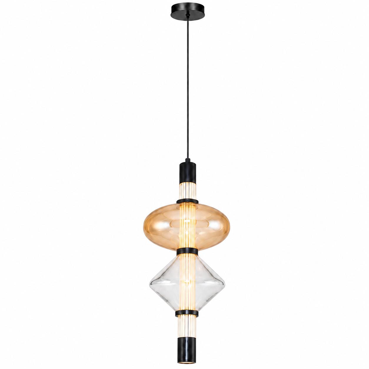 Kalevia Schwarze LED-Pendelleuchte mit honigfarbenem Ovalglas und transparentem Diamantglas — Licht aus, Weißer Hintergrund