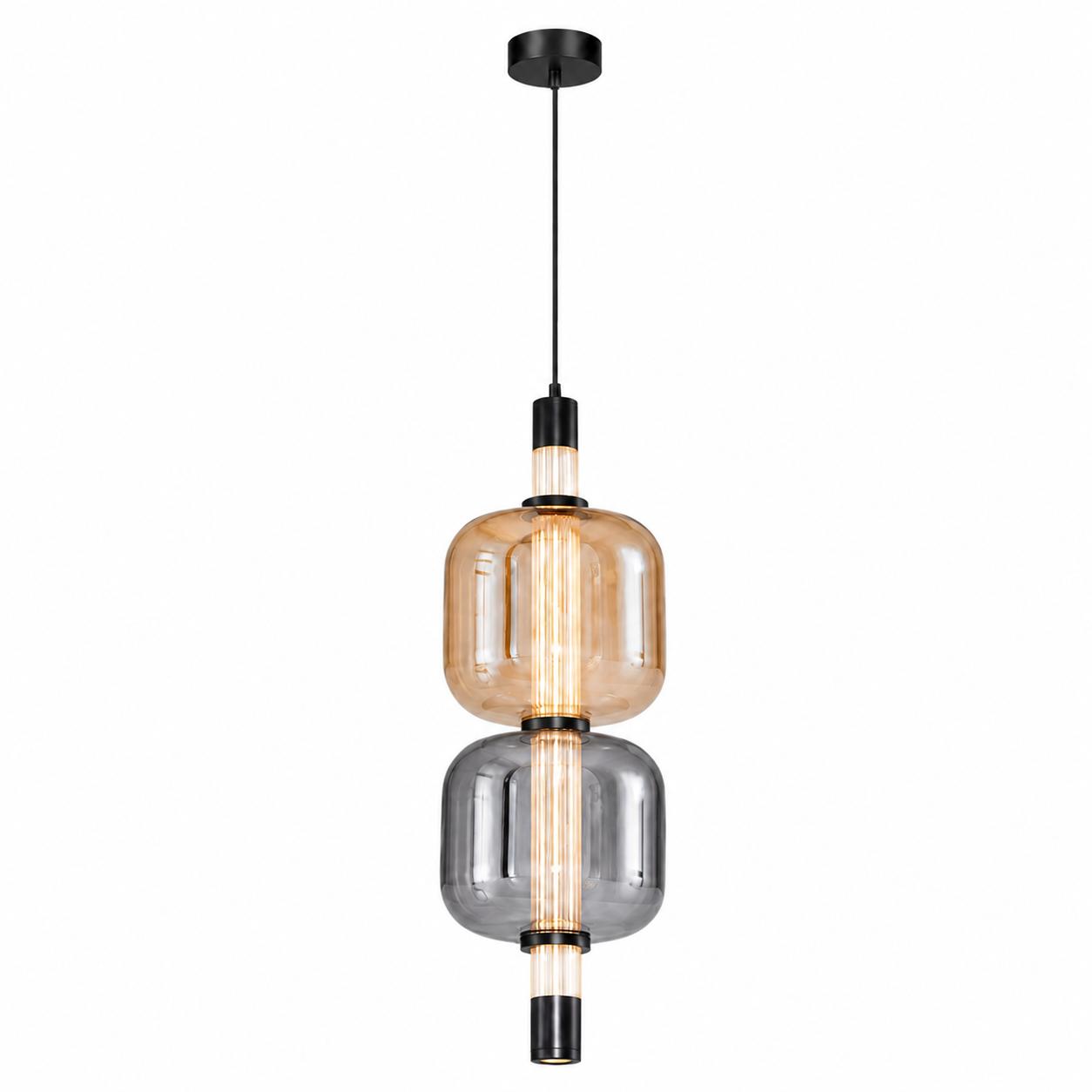 Kalevia Black LED Pendant with Honey and Smoked Rounded-Square Glass — Lights off, White background
