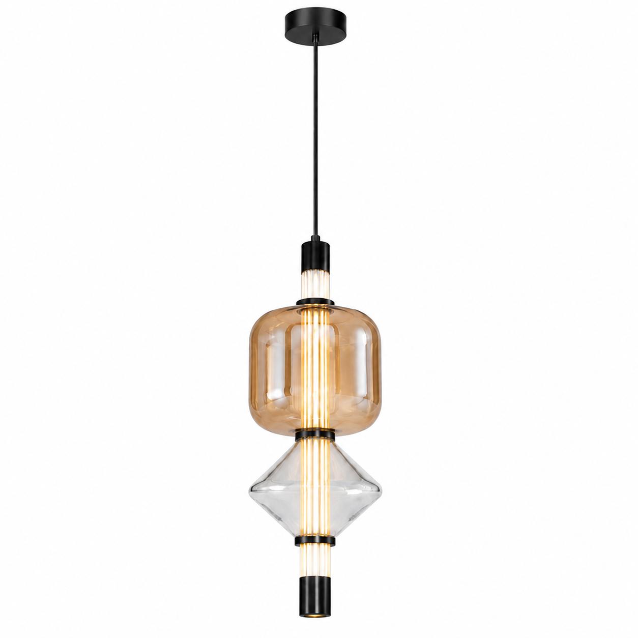 Kalevia Black LED Pendant with Honey Rounded-Square and Clear Diamond Glass — Lights off, White background