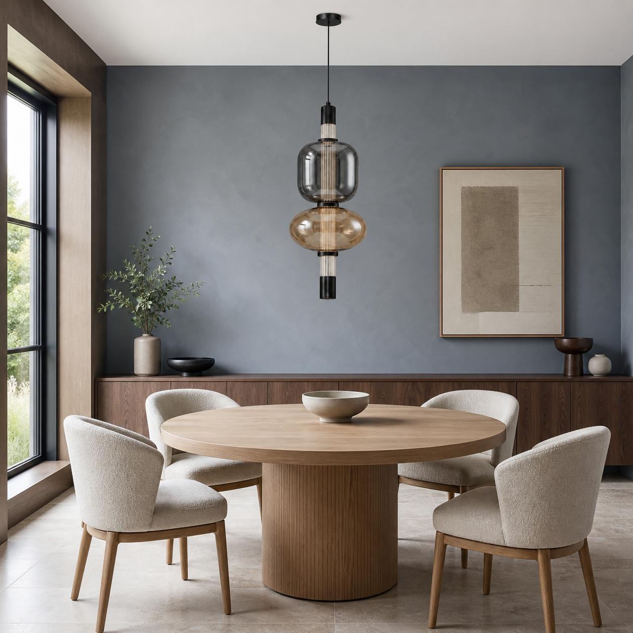 Kalevia Black LED Pendant with Smoked Rounded-Square and Honey Oval Glass — Lights off, Room