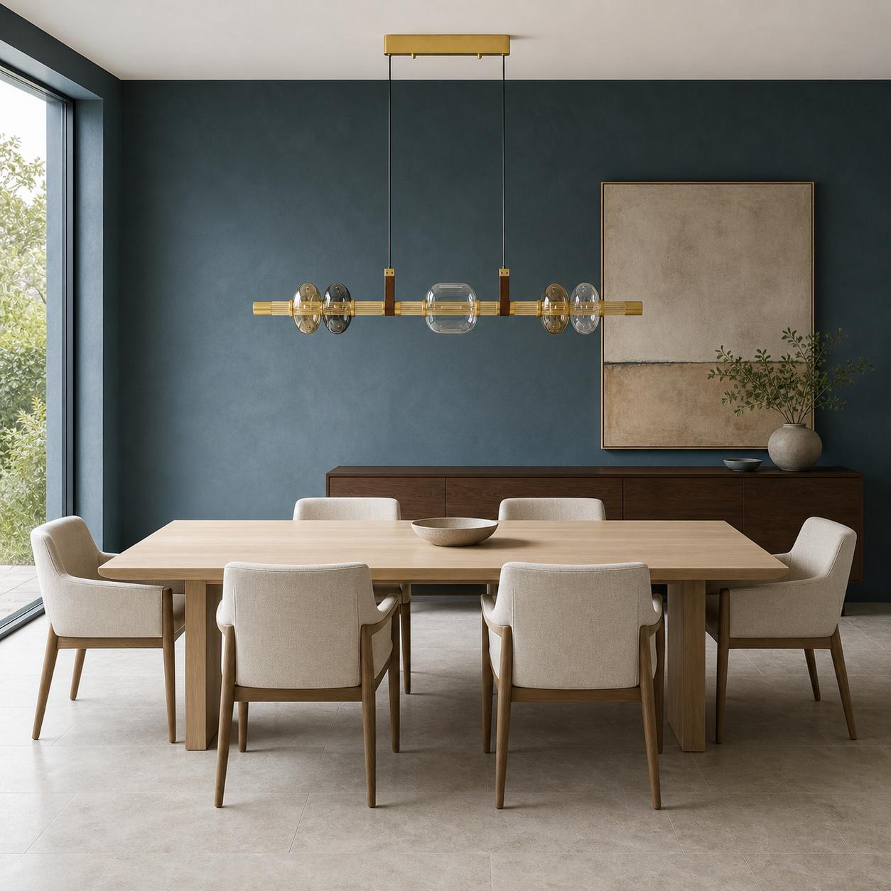 Kalevia Goldfarbene lineare LED-Pendelleuchte mit 5 Glaselementen — Licht aus, Raum