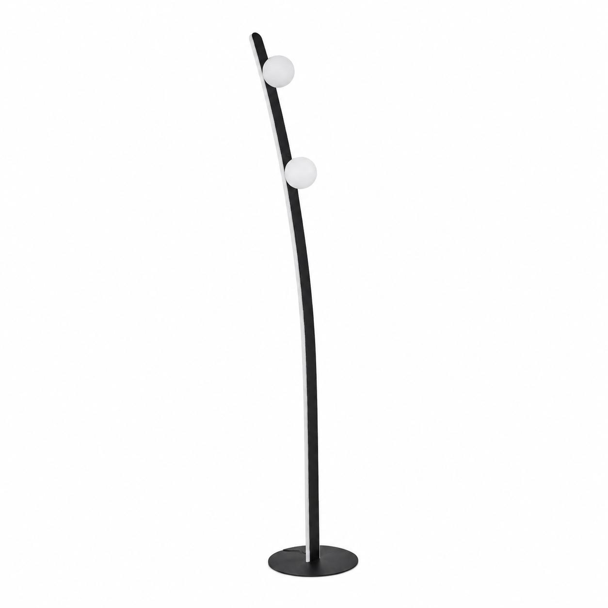 Vertara Black Curved LED Floor Lamp with 2 Opal Glass Globes — Lights off, White background