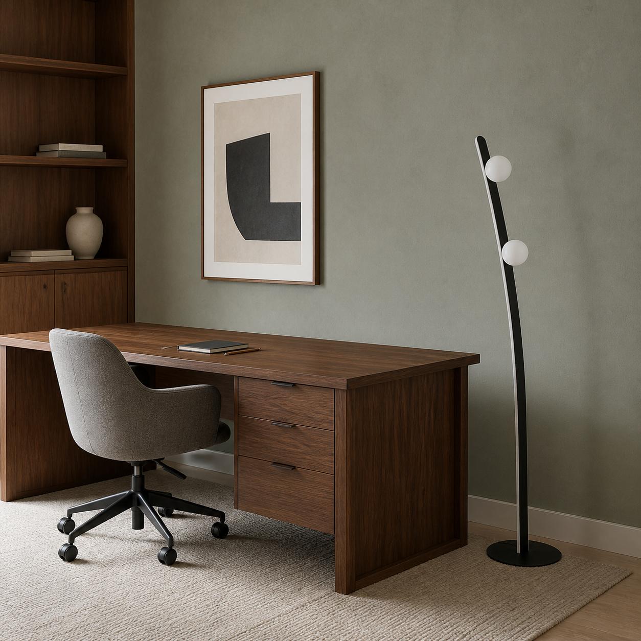 Vertara Lampadaire LED noir incurvé avec 2 globes en verre opale — Éclairage éteint, Pièce