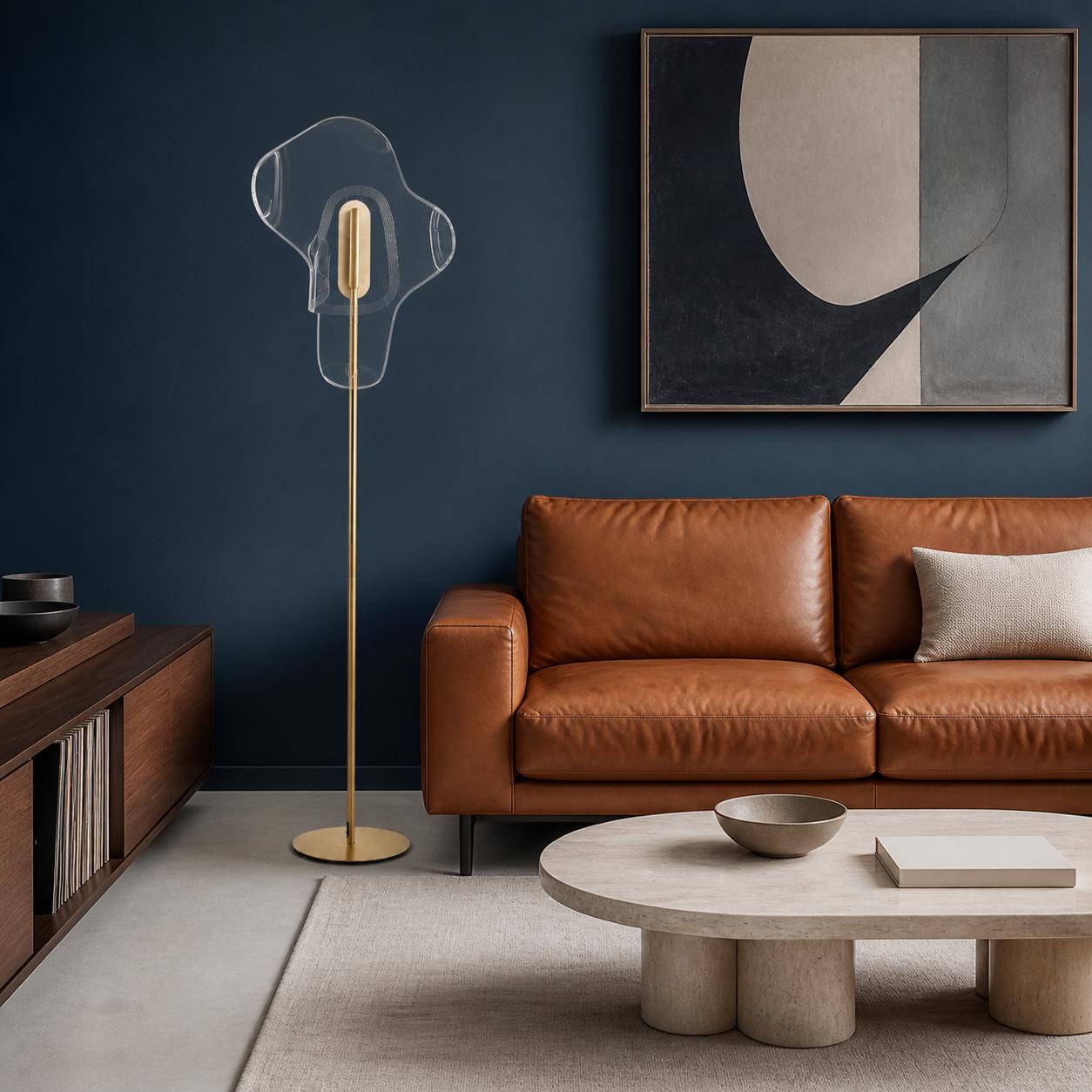 Flue Lampadaire LED doré en acrylique de forme organique — Éclairage éteint, Pièce