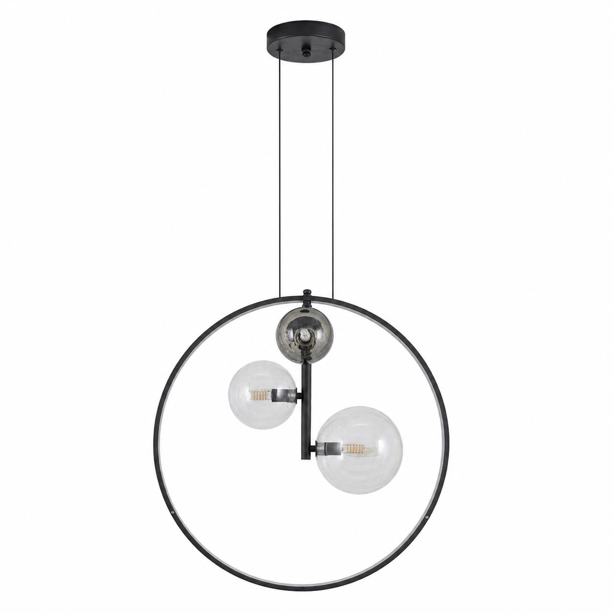Vesper 60-cm-LED-Pendelleuchte mit vertikalem Ring und 3 Kugeln — Licht aus, Weißer Hintergrund