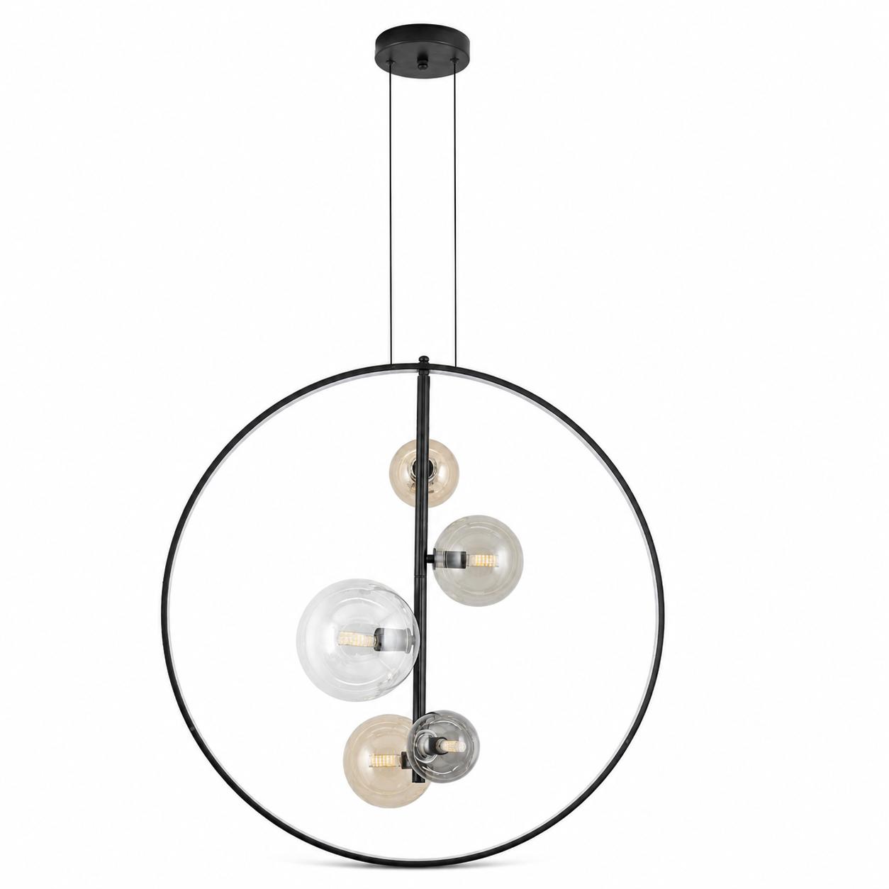 Vesper 80-cm-LED-Pendelleuchte mit vertikalem Ring und 5 Kugeln — Licht aus, Weißer Hintergrund