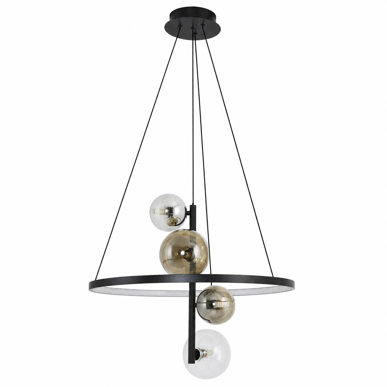 Vesper 60-cm-LED-Pendelleuchte mit horizontalem Ring und 4 Kugeln — Licht aus, Weißer Hintergrund