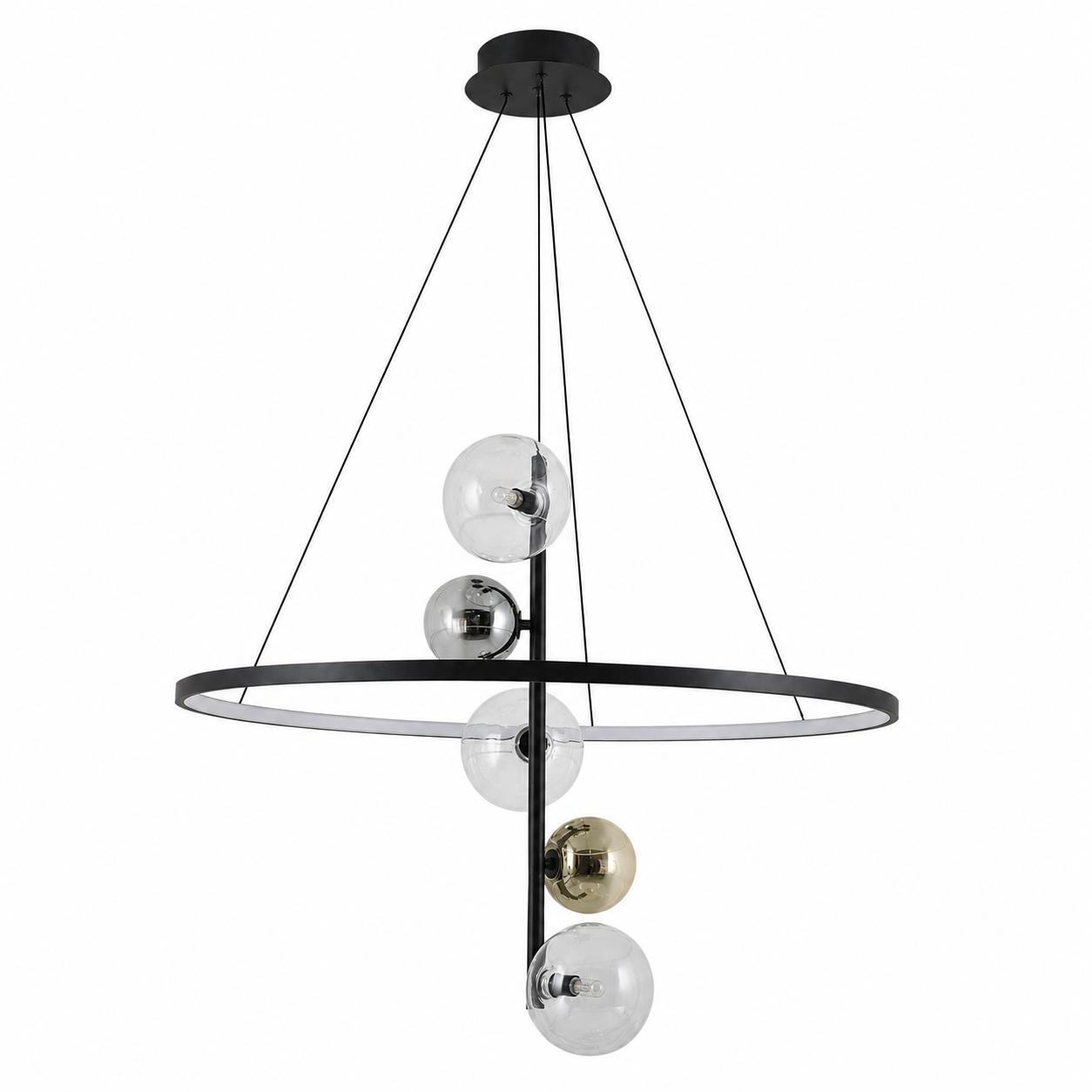 Vesper 80-cm-LED-Pendelleuchte mit horizontalem Ring und 5 Kugeln — Licht aus, Weißer Hintergrund