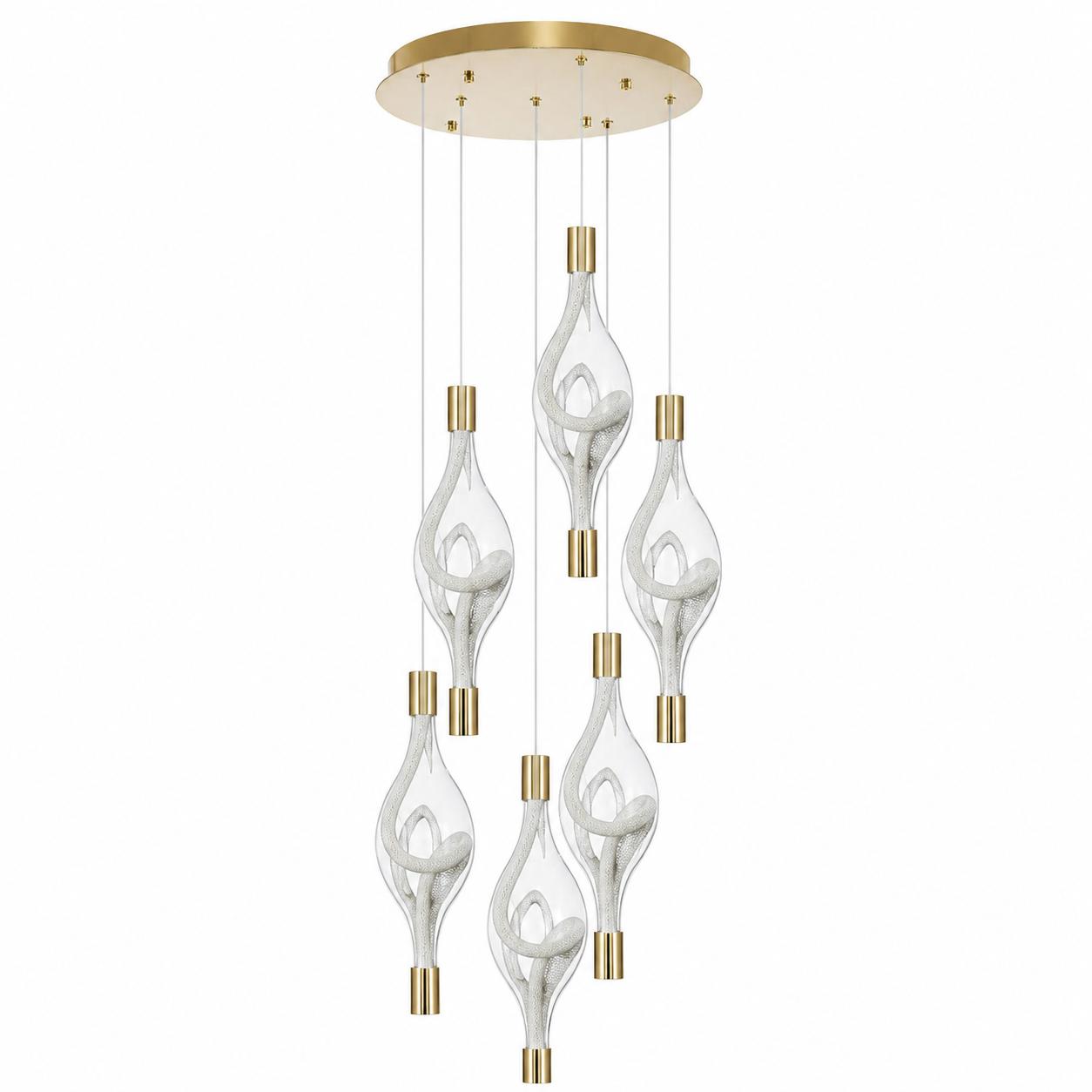 Lyrith Suspension grappe LED en verre spiralé à 6 éléments — Éclairage éteint, Fond blanc
