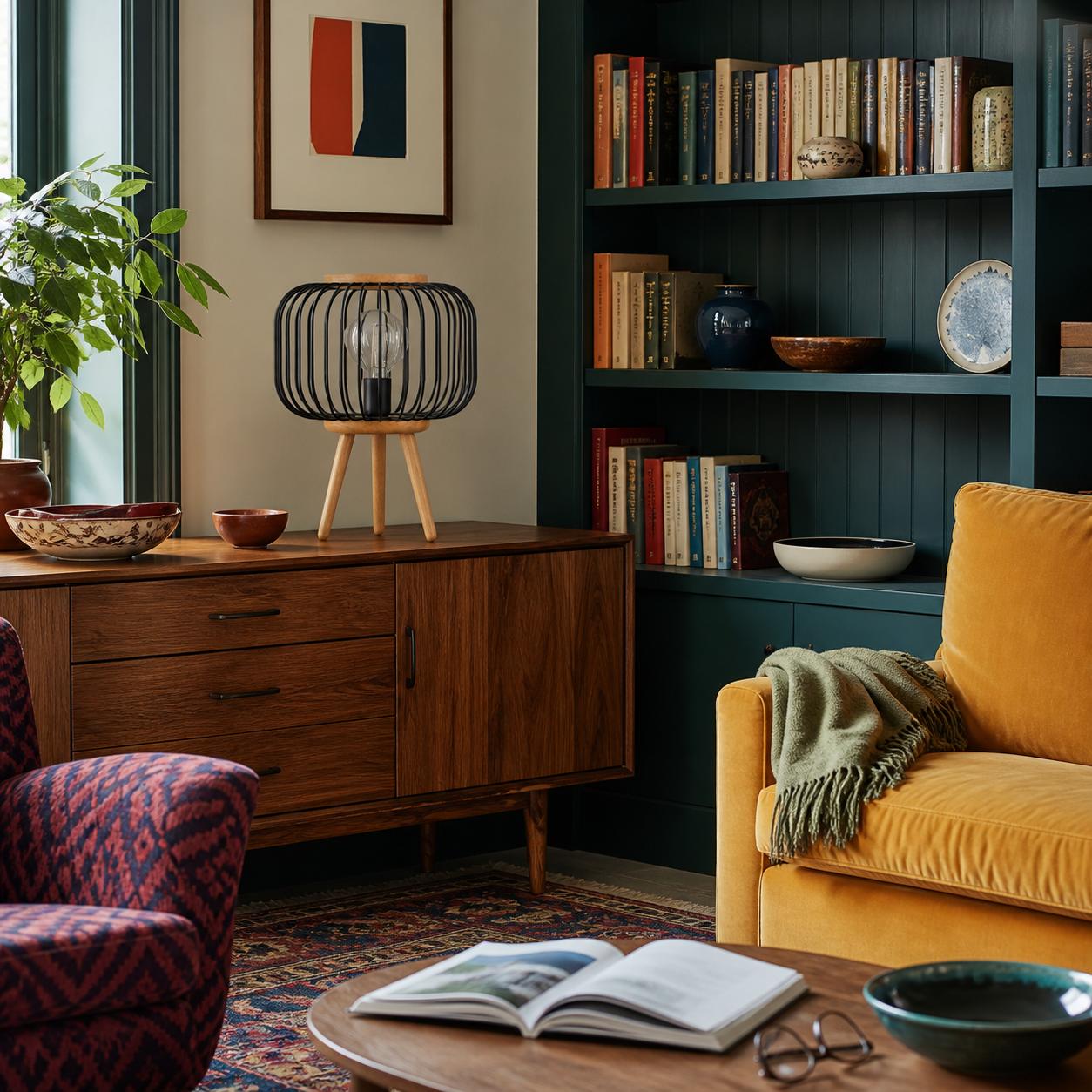 Alder Lámpara de mesa con patas de madera y jaula metálica — Luces apagadas, Estancia