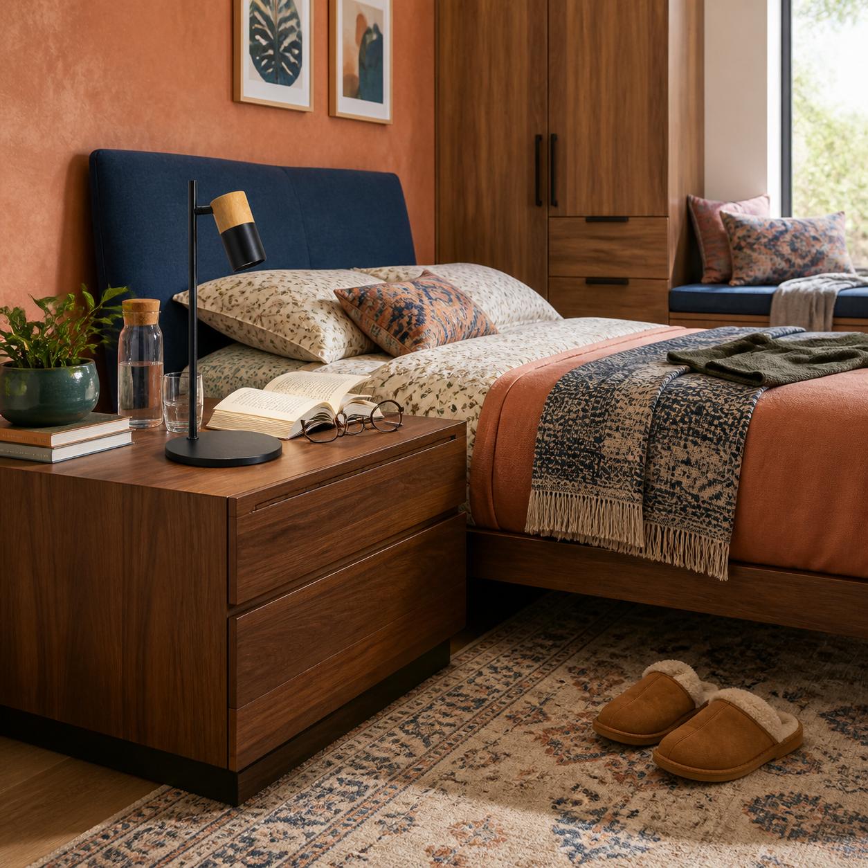 Oaklen Lámpara de mesa orientable efecto madera — Luces apagadas, Estancia