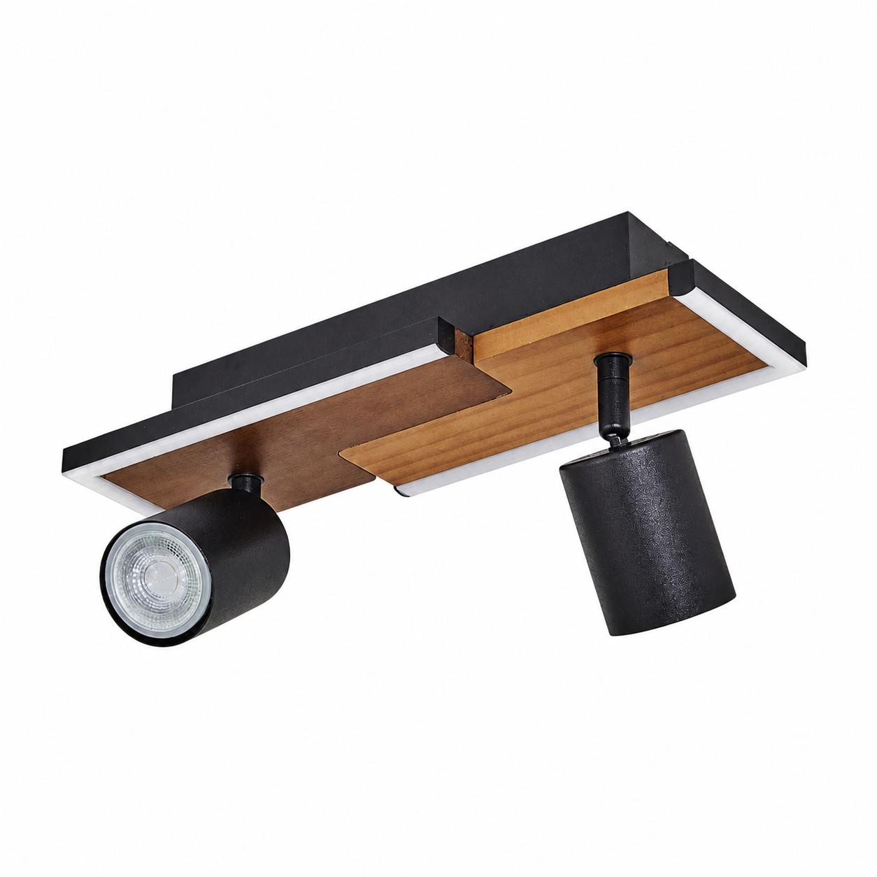 Arden LED-Deckenleuchte mit Eichendetail und 2 Spots — Licht aus, Weißer Hintergrund