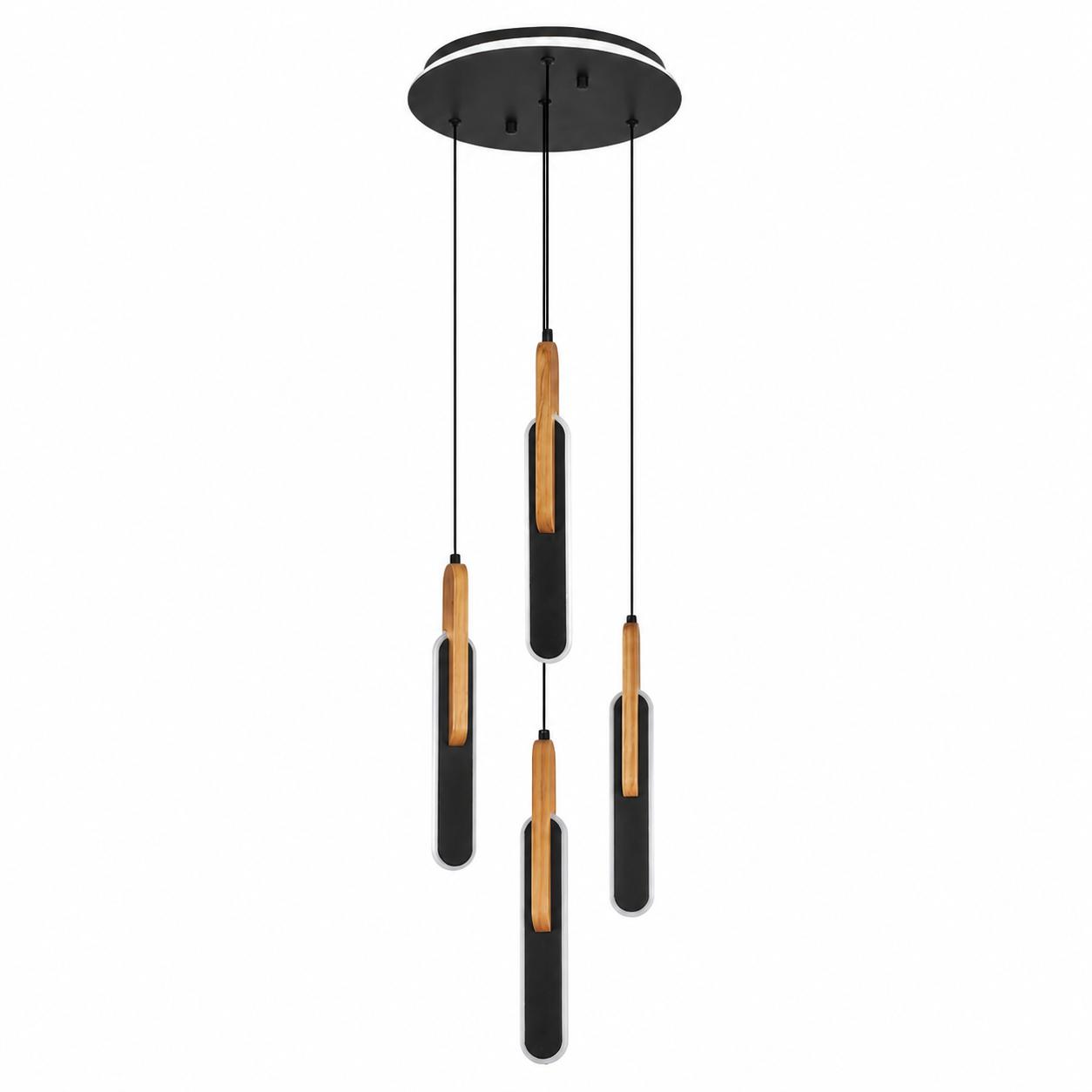 Timber 4-flammige LED-Cluster-Pendelleuchte mit Eichendetail — Licht aus, Weißer Hintergrund