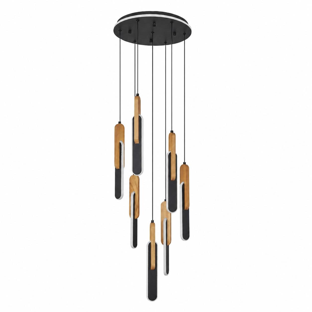 Timber 7-flammige LED-Cluster-Pendelleuchte mit Eichendetail — Licht aus, Weißer Hintergrund