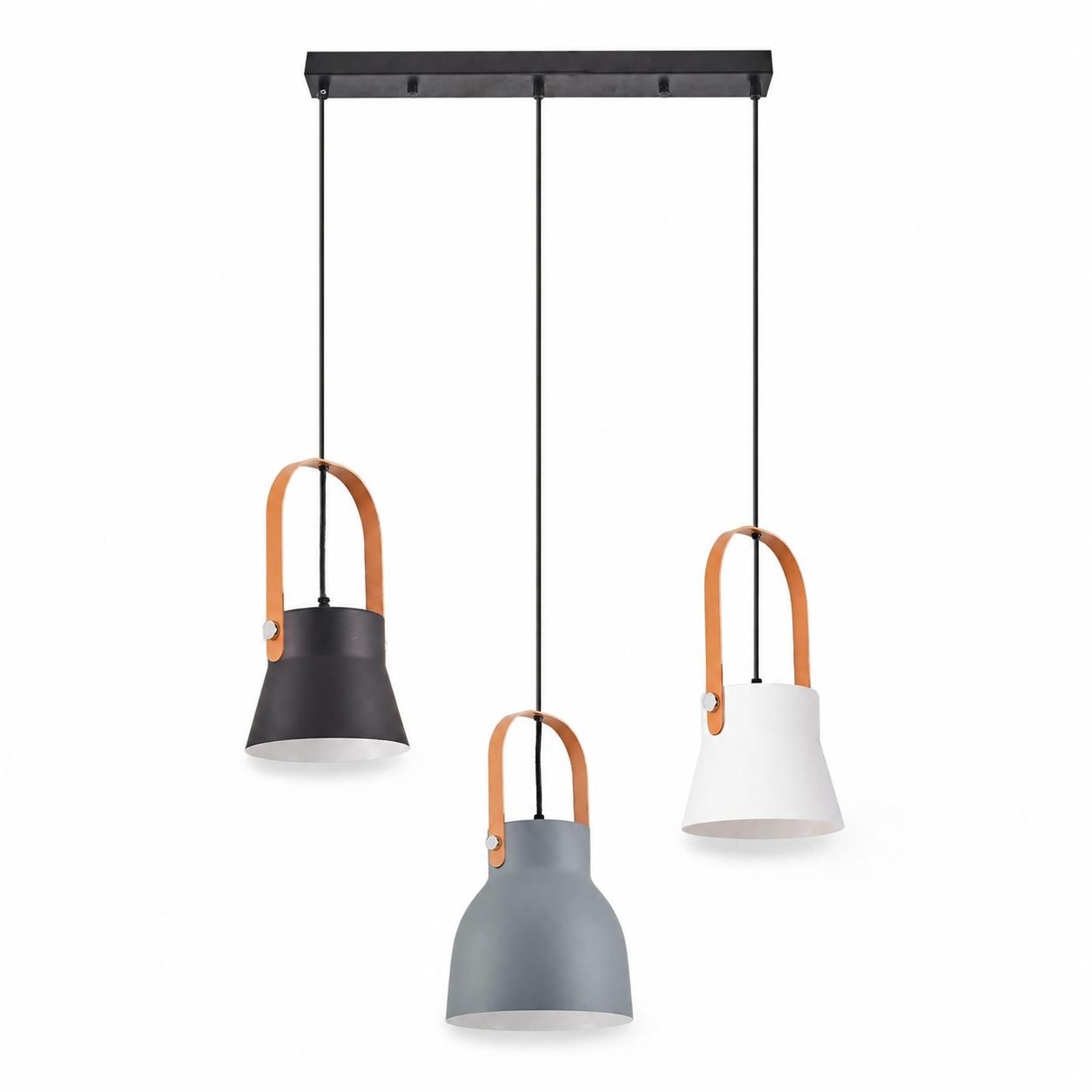 Conix 3-Light Linear E27 Pendant with Leather Handles — Lights off, White background
