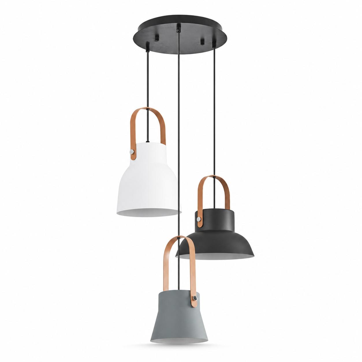 Conix 3-Light Cluster E27 Pendant with Leather Handles — Lights off, White background